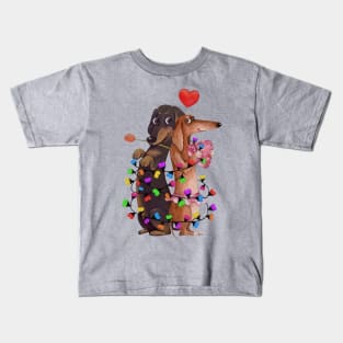 Dachshund Couple With Color Lights Happy Valentine's Day Kids T-Shirt